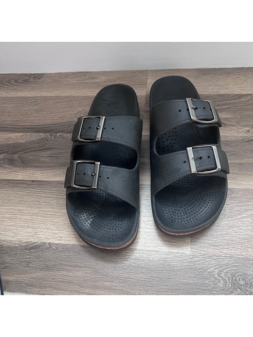 Black double-buckle slide sandals men's size 10